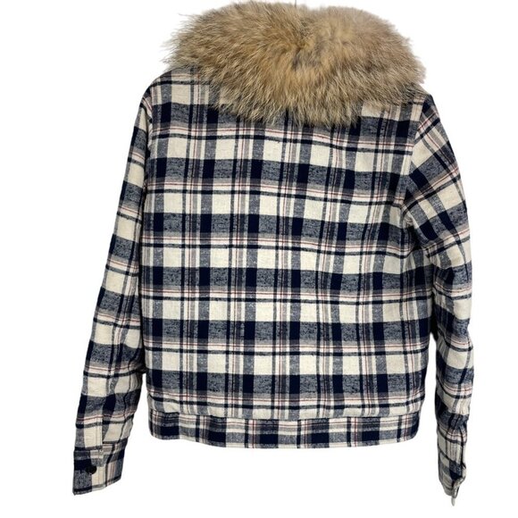 Jenni Kayne Flannel Checked Coyote Fur Collar Full Zip Jacket Navy Ivory M - Picture 11 of 12